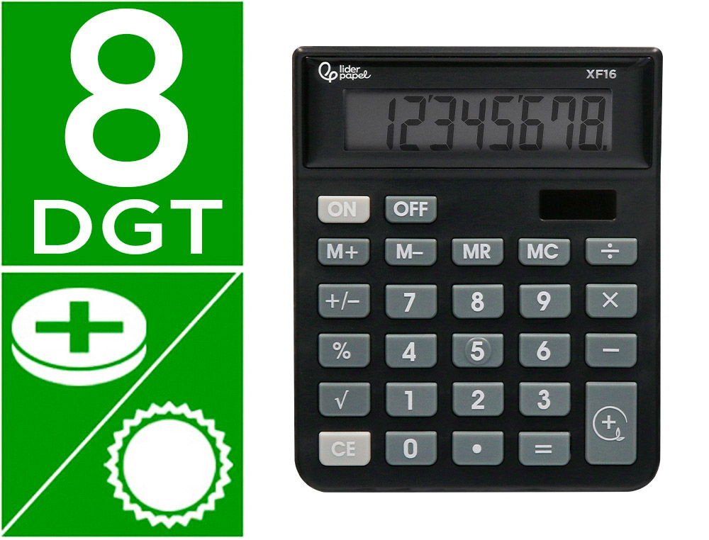 CALCULATRICE DE BUREAU LIDERPAPEL XF16 8 CHIFFRES    SOLAIRE ET PILES 127X105X24   MM COLORIS NOIR