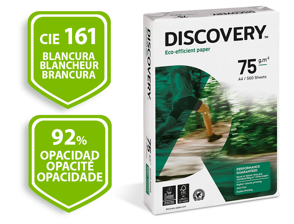 PAPIER DISCOVERY MULTIFONCTION GRAND VOLUME SANS BOURRAGE A4 75G/M2 BLANCHEUR 161 OPACITÉ 92 RIGIDITÉ 100 500 FEUILLES