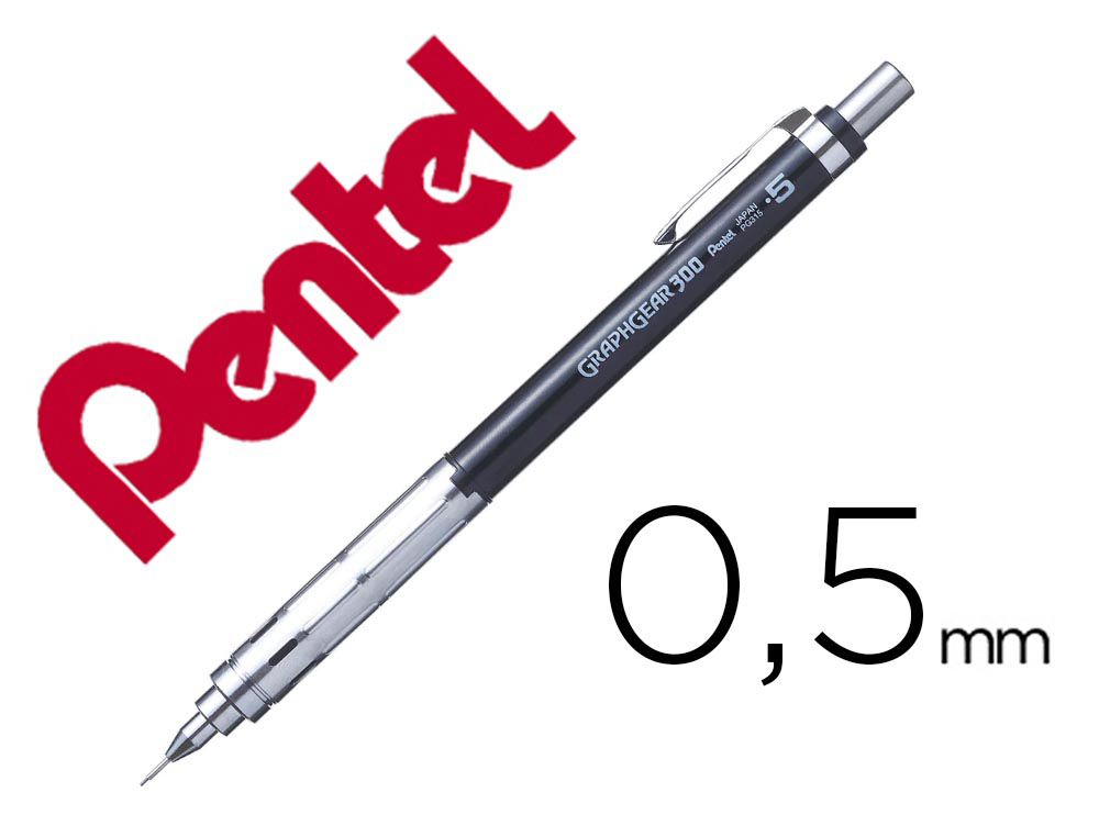 PORTE-MINES PENTEL GRAPHGEAR 300 CANON FIXE 4MM MINE 0,5MM GRIP METAL GOMME AVEC CAPUCHONCORPS METAL COLORIS NOIR