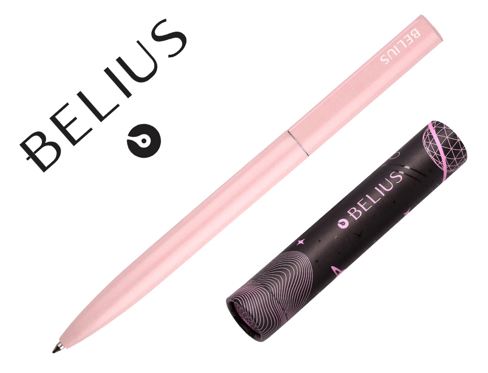 STYLO-BILLE BELIUS ROCKET B MONOCHROME SANS AGRAFE ENCRE BLEUE COLORIS ROSE DANS COFFRET CADEAU ORIGINAL CYLINDRIQUE