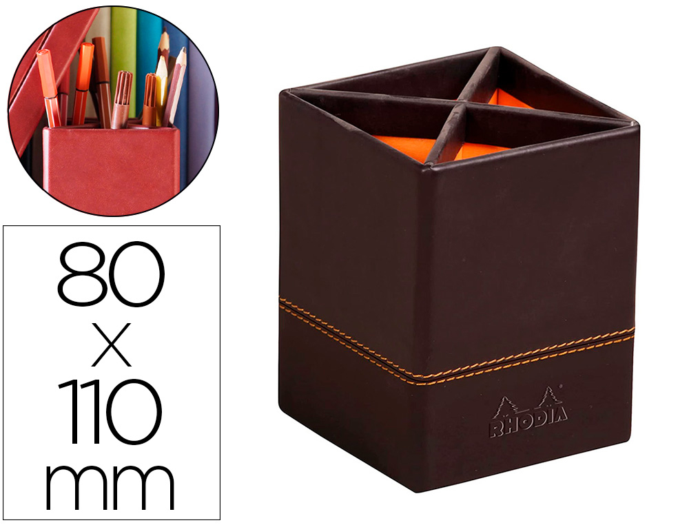 POT   CRAYONS RHODIARAMA QUATRE COMPARTIMENTS EN SIMIL CUIR NOIR VELOUT   8X8X11CM