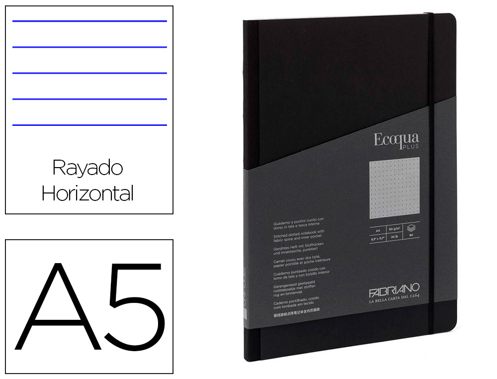 CARNET EQ PLUS FABRIANO A5 LIGN E NOIR 90G 80F