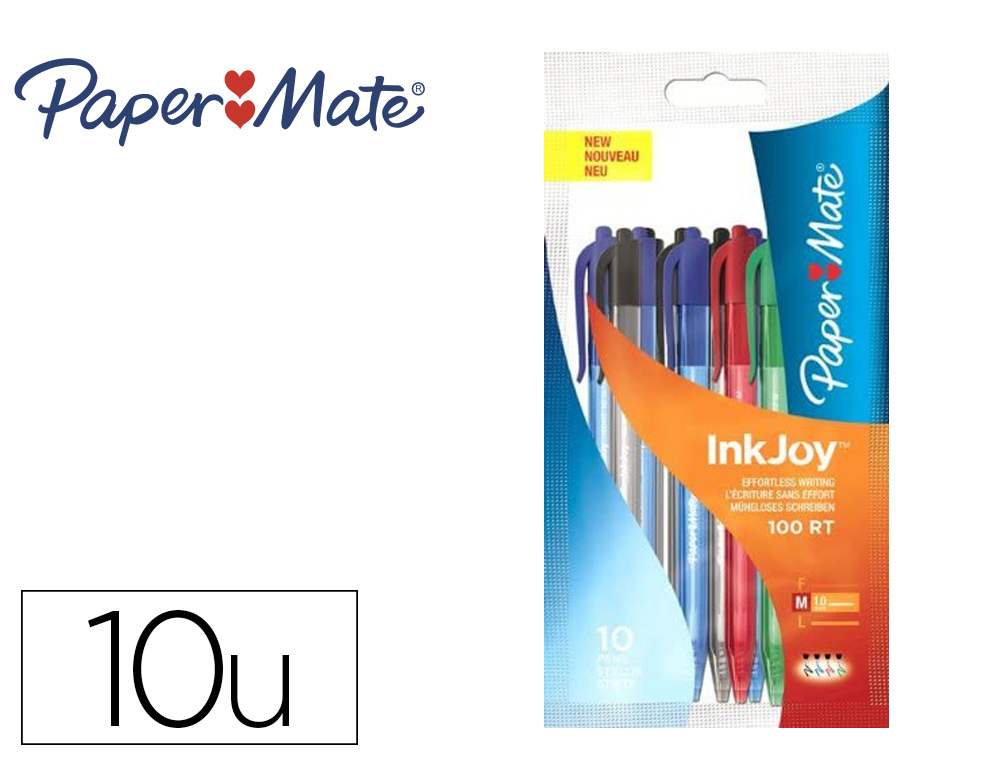 STYLO-BILLE PAPER MATE INKJOY 100RT RTRACTABLE POINTE MOYENNE FORME HEXAGONALE CORPS TRANSPARENT ASSORTIMENT 10 UNITS