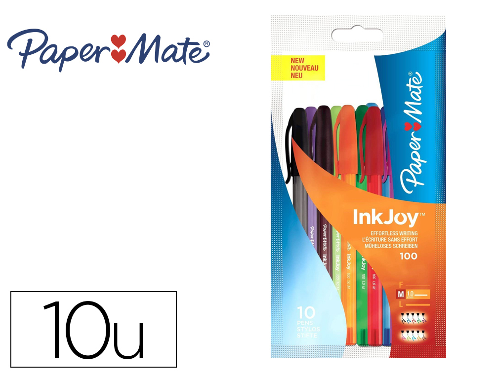 STYLO-BILLE PAPER MATE INKJOY 100 CAP ENCRE SPCIFIQUE ULV CRITURE LUMINEUSE CORPS TRANSPARENT COULEURS ASSORTIES 10U