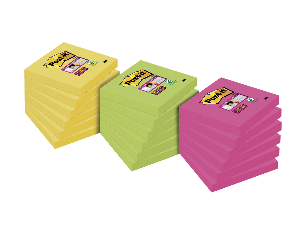 BLOC-NOTES POST-IT SUPER STICKY 76X76MM 90F ADHSIF RENFORC COLORIS VERT ROSE JAUNE LOT 15 UNITS + 3 GRATUITES