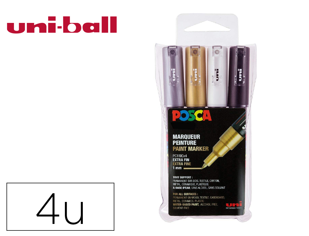 SET DE 4 MARQUEURS POSCA POINTE CONIQUE EXTRA FINE     NOIR BLANC ARGENT OR