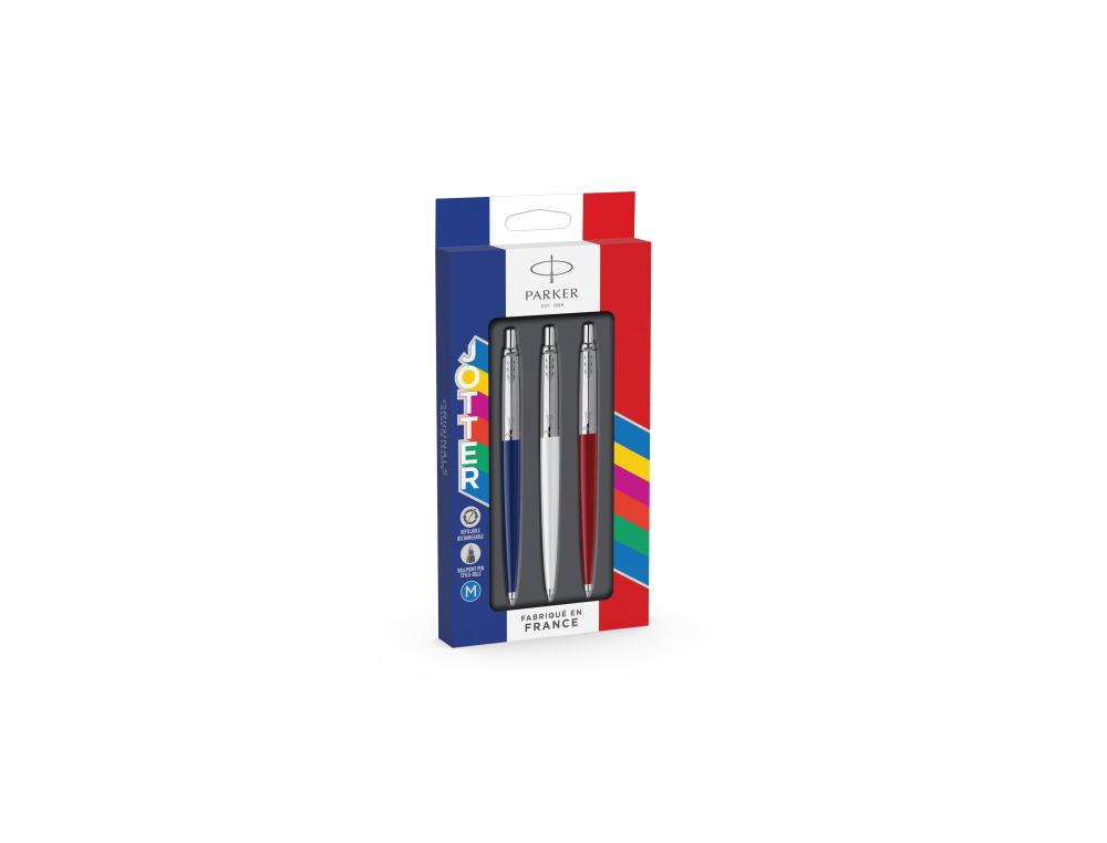 BLISTER DE 3 STYLOS BILLE PARKER JOTTER ORIGINAL CORPS  BLEU ROUGE  BLANC