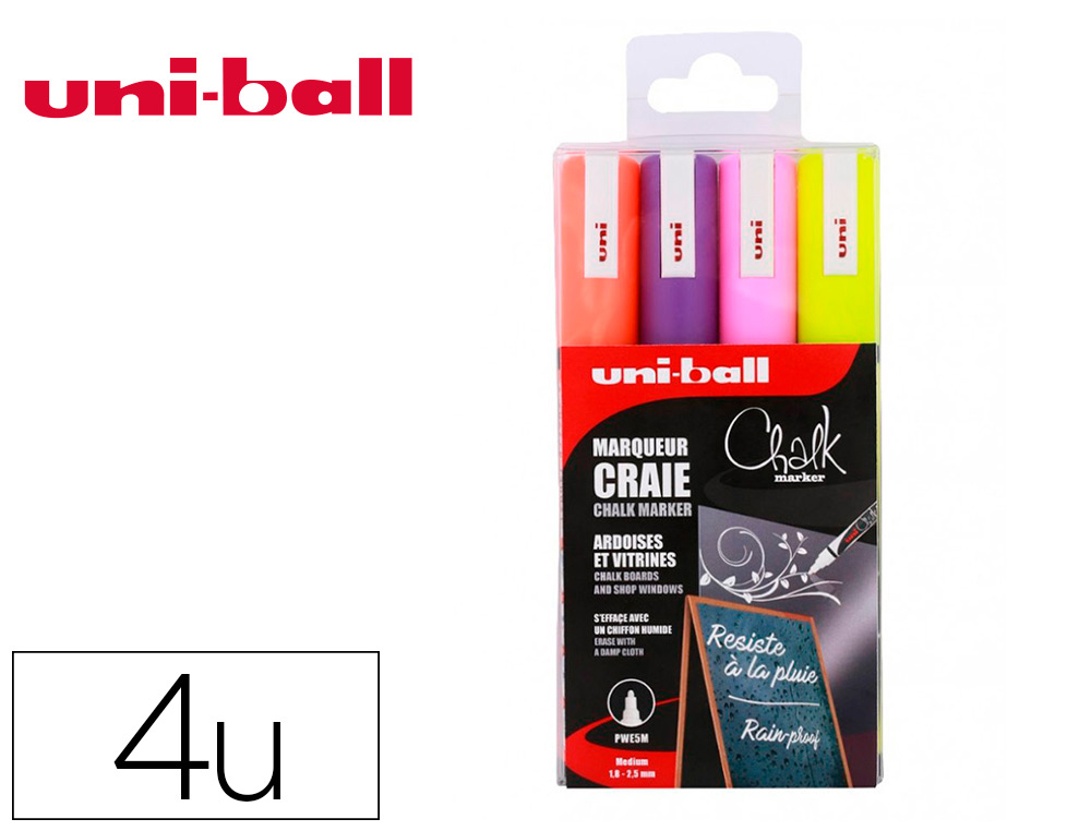 MARQUEURS UNIBALL CHALK CRAIE POINTE CONIQUE MOYENNE JAUNE  FLUO - ORANGE FLUO - ROSE     FLUO - VIOLET POCHETTE DE 4