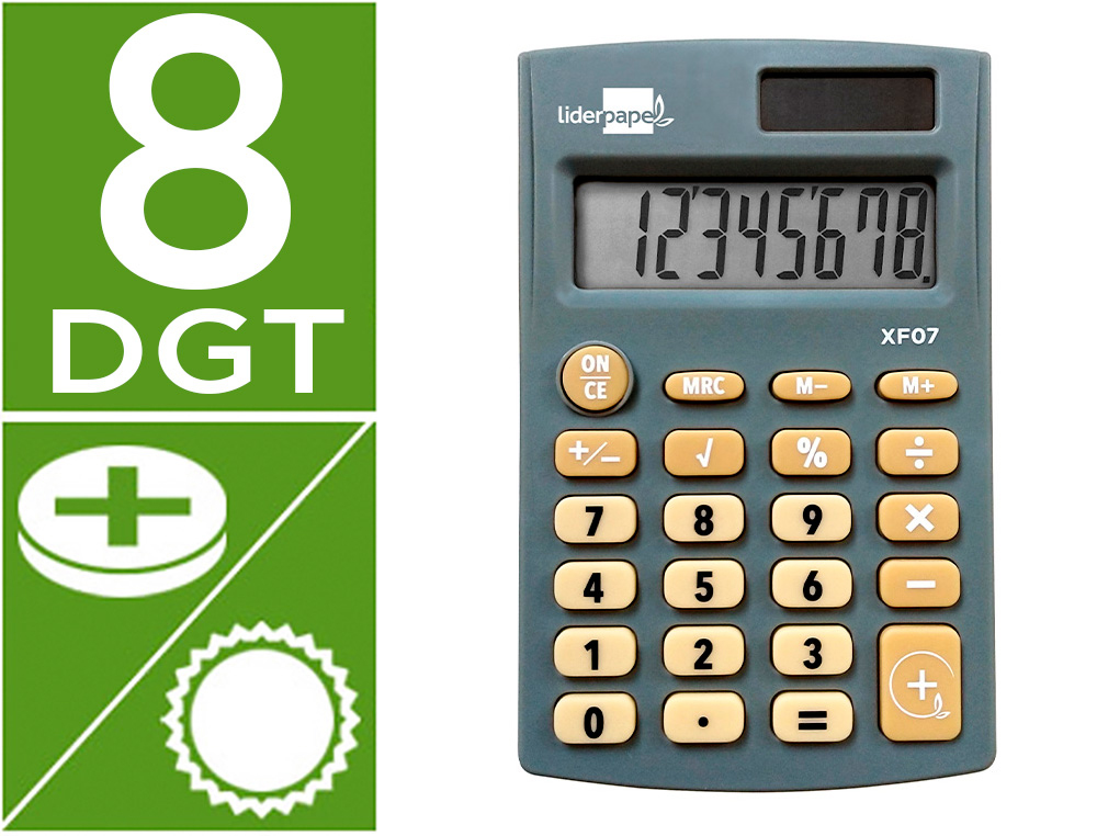 CALCULATRICE DE POCHE XF05 8 CHIFFRES SOLAIRE ET PILES     98X62X8 MM COLORIS GRIS