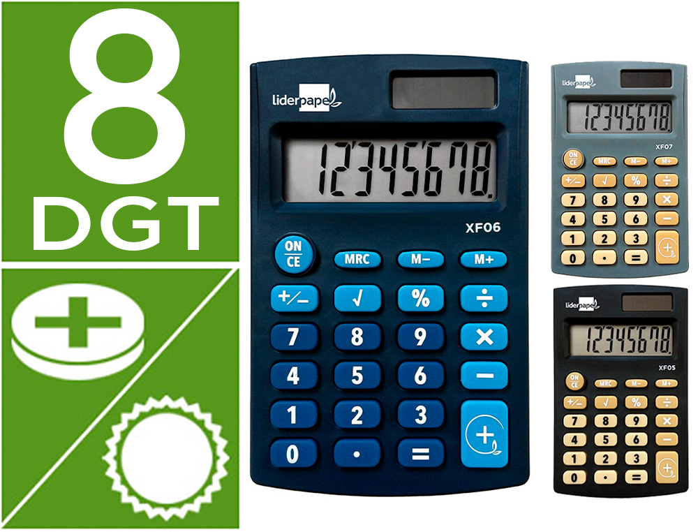 CALCULATRICE DE POCHE XF05 8 CHIFFRES SOLAIRE ET PILES     98X62X8 MM PRESENTOIR DE 16U