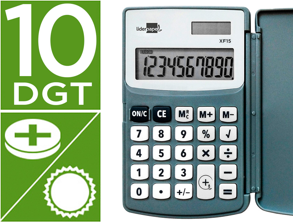 CALCULATRICE LIDERPAPEL DE POCHE XF15 10 CHIFFRES AVEC   COUVERCLE SOLAIRE ET PILES    COLORIS GRIS 123X75X12 MM