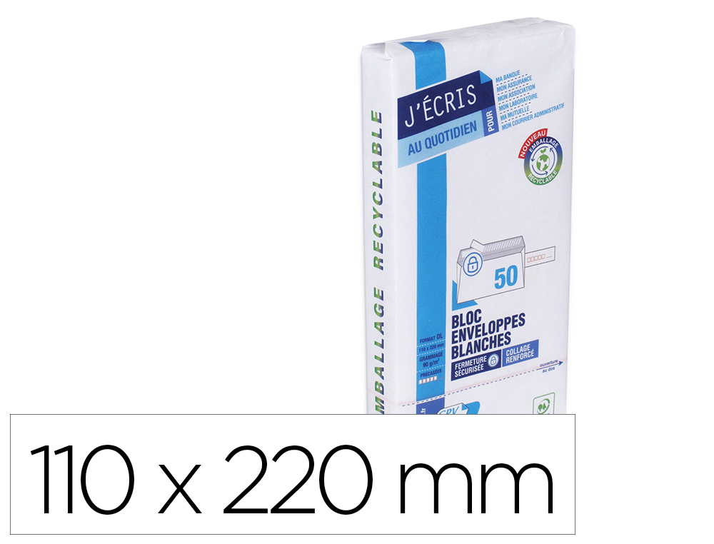 ENVELOPPE GPV PRECASEE VELIN BLANC 90G DL 110X220MM BANDE  ADHESIVE BLOC 50 UNITES