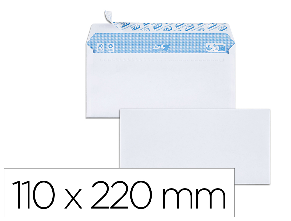 ENVELOPPE GPV VELIN BLANC 90G DL 110X220MM BANDE ADHESIVE   BLOC 50 UNITES