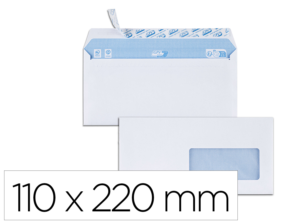ENVELOPPE GPV FENETRE 45MM VELIN BLANC 90G DL 110X220MM  BANDE ADHESIVE BLOC 50 UNITES