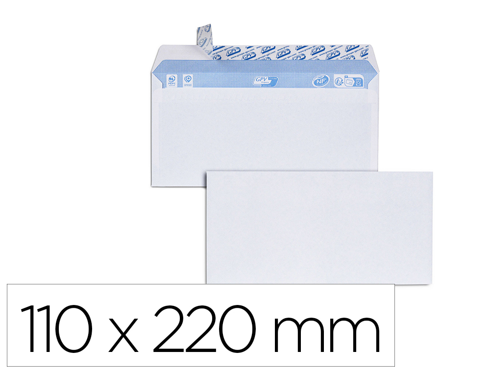 ENVELOPPE GPV VELIN BLANC 80G DL 110X220MM BANDE ADHESIVE   PAQUET 100 UNITES