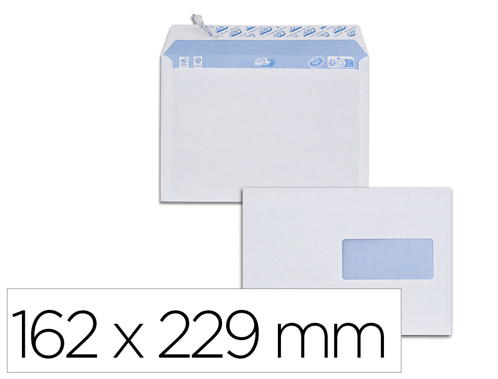 ENVELOPPE GPV FENETRE 45MM VELIN BLANC 80G C5 162X229MM  BANDE ADHESIVE PAQUET 50      UNITES