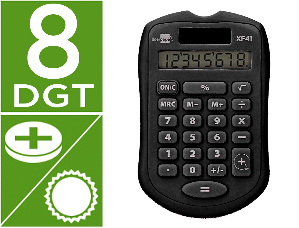 CALCULATRICE DE POCHE LIDERPAPEL XF43 8 CHIFFRES    SOLAIRE ET PILES              94X59,5X10,5MM COLORIS NOIR