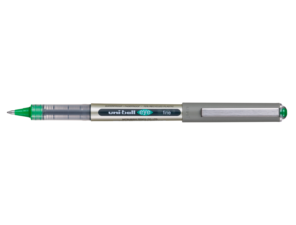 ROLLER UNIBALL EYE PLASTIQUE RECYCLE ENCRE LIQUIDE         ECRITURE MOYENNE POINTE METAL COLORIS VERT