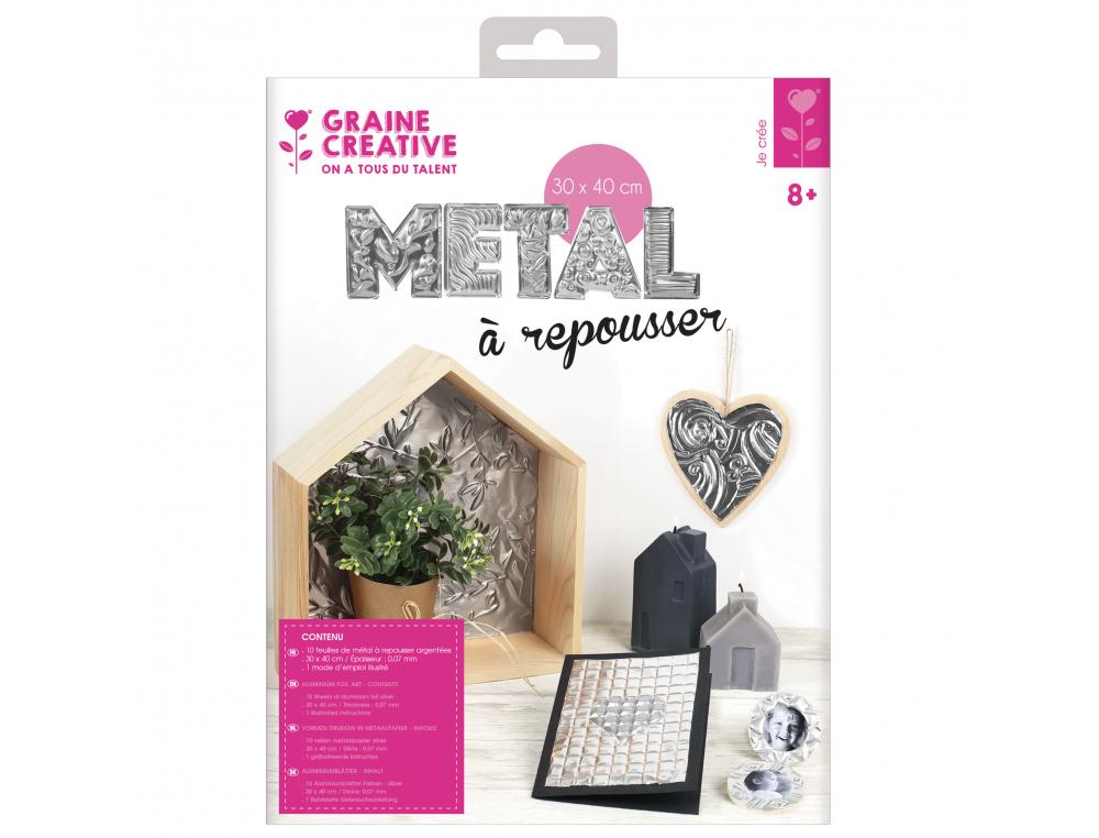 POCHETTE FEUILLES ALUMINIUM METAL A REPOUSSER GRAINE      CREATIVE 40X30CM 10 FEUILLES  COLORIS ARGENT