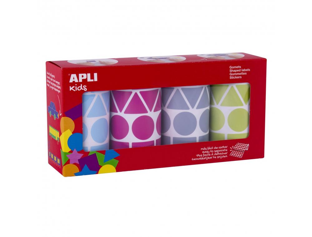 GOMMETTE APLI FORMES GEOMETRIQUES ET COLORIS       PASTELS ASSORTIS 4 ROULEAUX   5428 UNITES