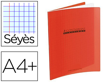 CAHIER PIQU CONQURANT CLASSIQUE COUVERTURE POLYPROPYLNE RIGIDE TRANSPARENTE A4+ 24X32CM 48 PAGES 90G SYS ROUGE