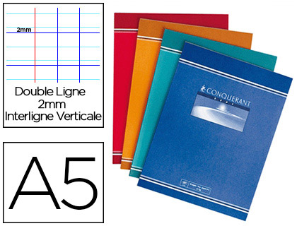 CAHIER PIQU CONQURANT CRITURE COUVERTURE OFFSET A5+ 17X22CM 32 PAGES 70G DOUBLE LIGNE 2MM INTERLIGNE VERTICALE