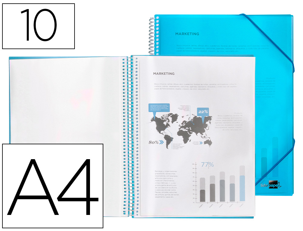 PROTGE-DOCUMENTS LIDERPAPEL POLYPROPYLNE COUVERTURE RIGIDE SPIRALE 10 POCHETTES FIXES A4 210X297MM COLORIS BLEU
