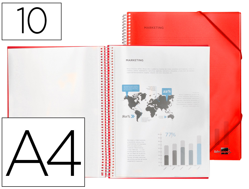 PROTGE-DOCUMENTS LIDERPAPEL POLYPROPYLNE COUVERTURE RIGIDE SPIRALE 10 POCHETTES FIXES A4 210X297MM COLORIS ROUGE