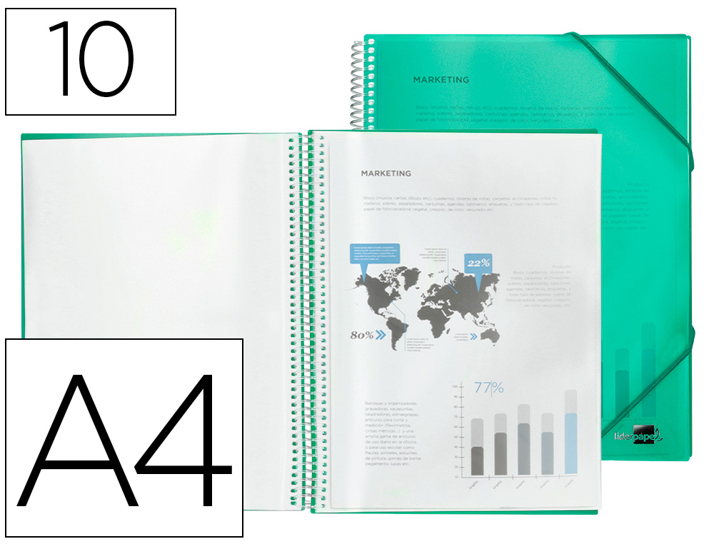 PROTGE-DOCUMENTS LIDERPAPEL POLYPROPYLNE COUVERTURE RIGIDE SPIRALE 10 POCHETTES FIXES A4 210X297MM COLORIS VERT