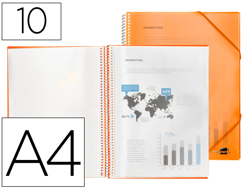 PROTGE-DOCUMENTS LIDERPAPEL POLYPROPYLNE COUVERTURE RIGIDE SPIRALE 10 POCHETTES FIXES A4 210X297MM COLORIS ORANGE
