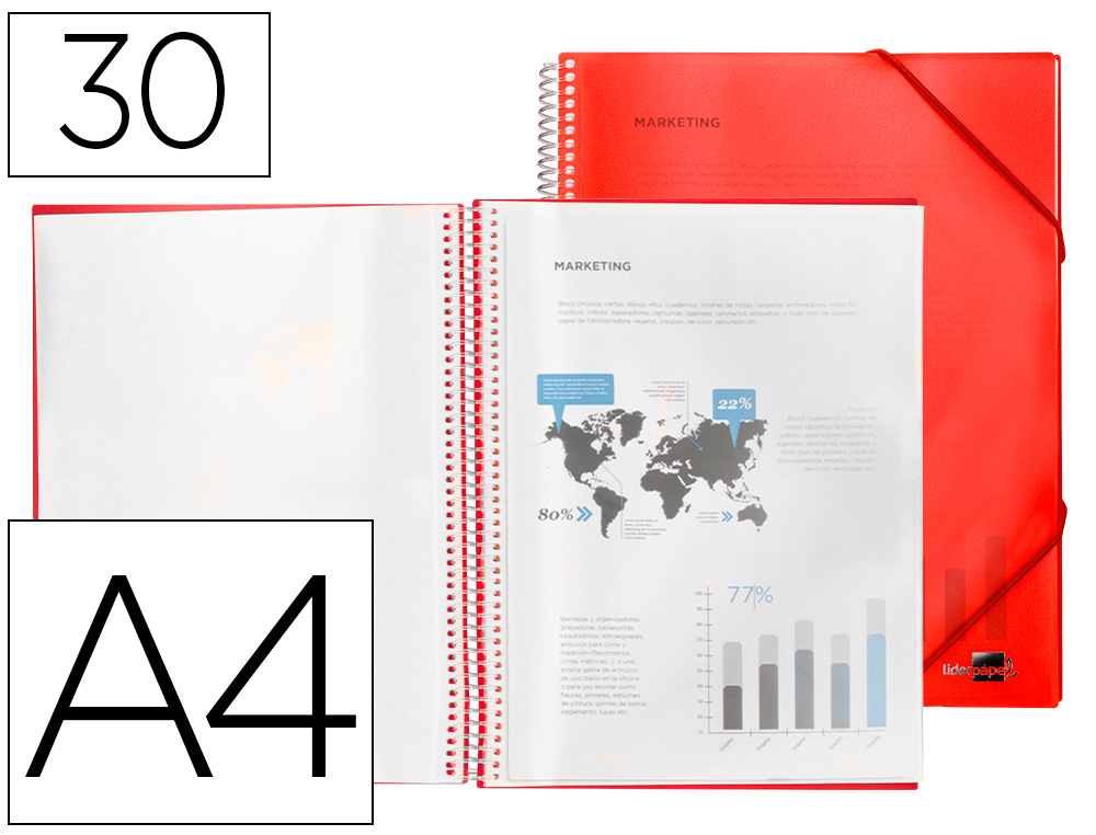 PROTGE-DOCUMENTS LIDERPAPEL POLYPROPYLNE COUVERTURE RIGIDE SPIRALE 30 POCHETTES FIXES A4 210X297MM COLORIS ROUGE