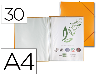 PROTGE-DOCUMENTS LIDERPAPEL POLYPROPYLNE COUVERTURE RIGIDE SPIRALE 30 POCHETTES FIXES A4 210X297MM COLORIS ORANGE