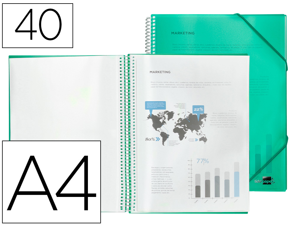 PROTGE-DOCUMENTS LIDERPAPEL POLYPROPYLNE COUVERTURE RIGIDE SPIRALE 40 POCHETTES FIXES A4 210X297MM COLIRIS VERT