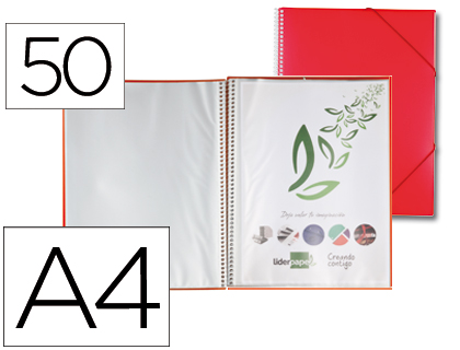 PROTGE-DOCUMENTS LIDERPAPEL POLYPROPYLNE COUVERTURE RIGIDE SPIRALE 50 POCHETTES FIXES A4 210X297MM COLORIS ROUGE