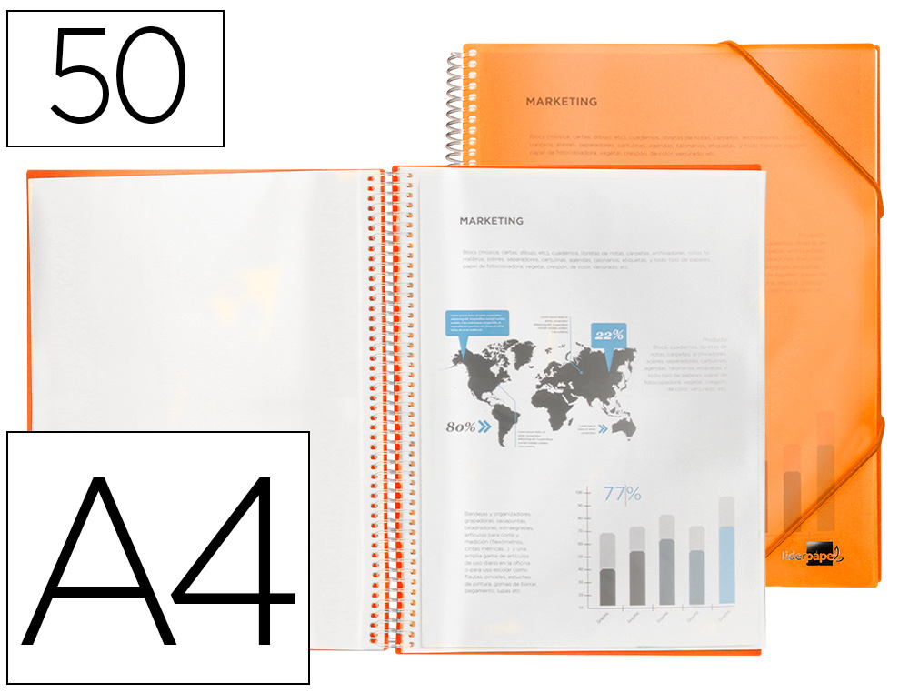 PROTGE-DOCUMENTS LIDERPAPEL POLYPROPYLNE COUVERTURE RIGIDE SPIRALE 50 POCHETTES FIXES A4 210X297MM COLORIS ORANGE