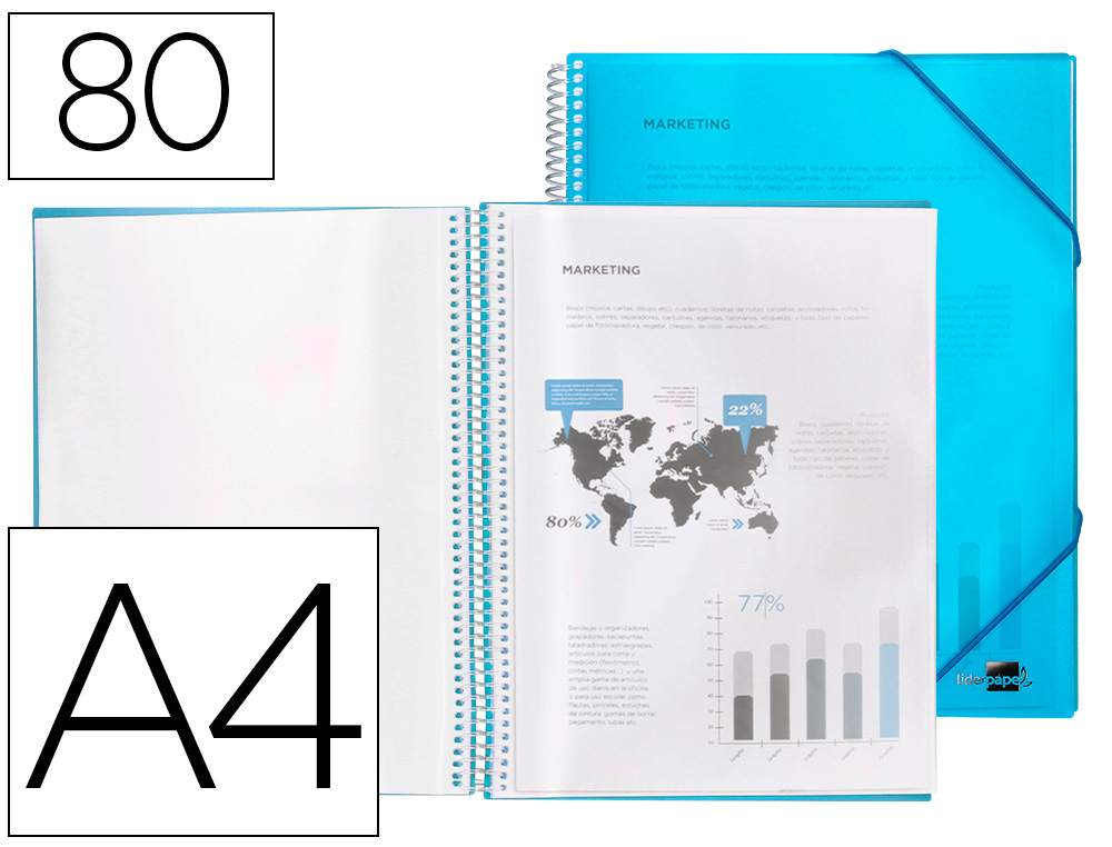 PROTGE-DOCUMENTS LIDERPAPEL POLYPROPYLNE COUVERTURE RIGIDE SPIRALE 80 POCHETTES FIXES A4 210X297MM COLORIS BLEU