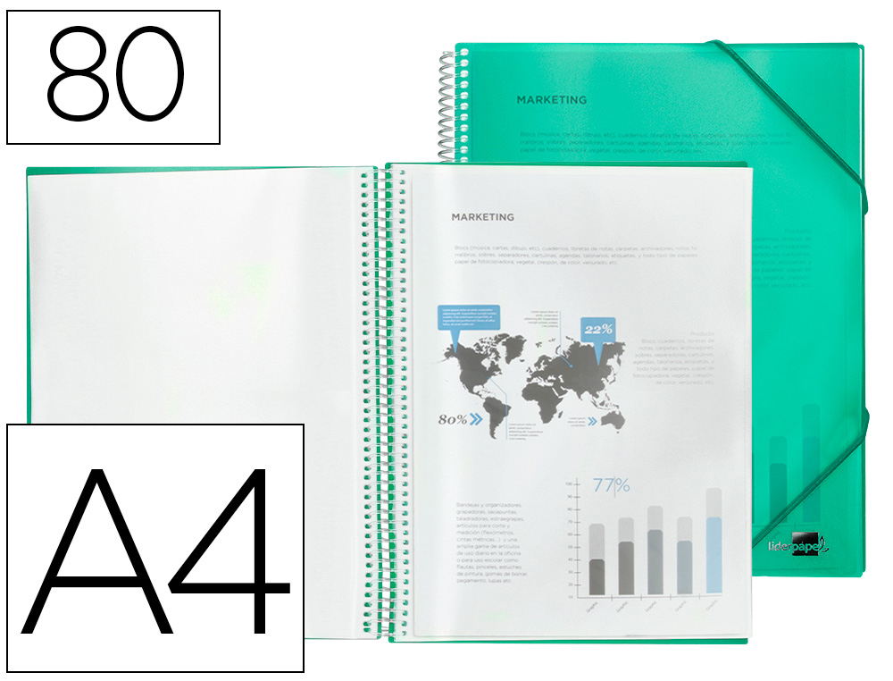 PROTGE-DOCUMENTS LIDERPAPEL POLYPROPYLNE COUVERTURE RIGIDE SPIRALE 80 POCHETTES FIXES A4 210X297MM COLORIS VERT