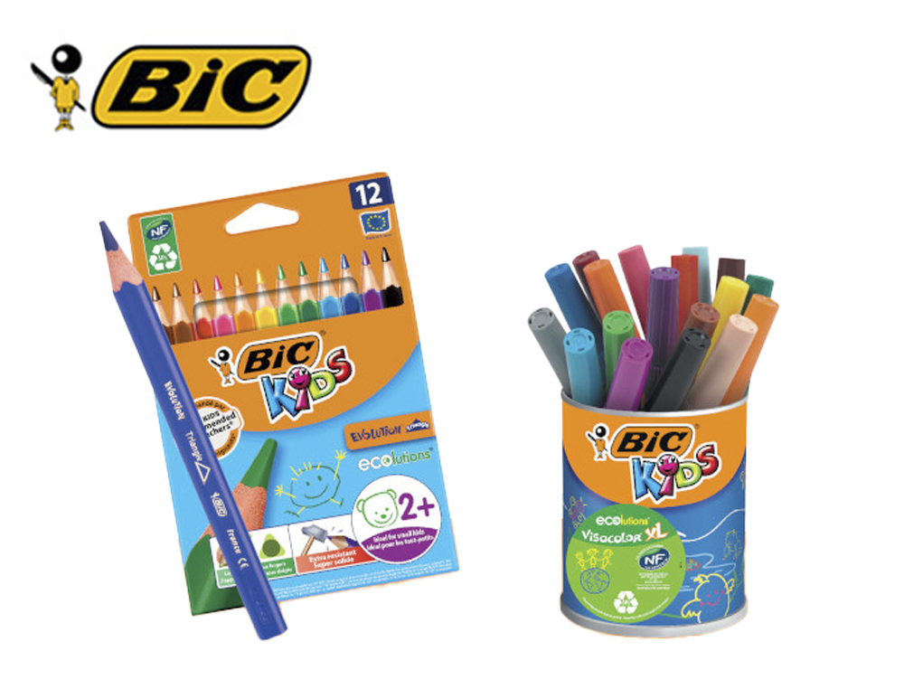 LOT SCOLAIRE BIC KIDS SPECIAL MATERNELLE 12 ETUIS 12 CRAYONSCOULEUR EVOLUTION + 5 POTS 18 FEUTRES VISACOLOR XL 17 KITS