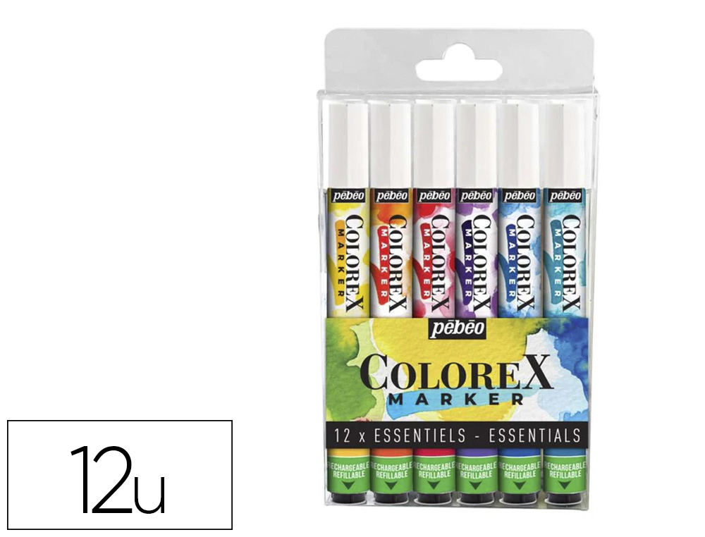 SET MARQUEUR PEBEO COLOREX RECHARGEABLE BASE ENCRE       AQUARELLE POINTE PINCEAU 1MM  COLORIS ASSORTIS BLISTER 12