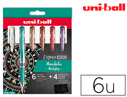 ROLLER UNIBALL SIGNO BROAD UM-153 ENCRE GEL CRITURE LARGE COLORIS BLANC OR ROUGE MTAL VERT KIT 6U