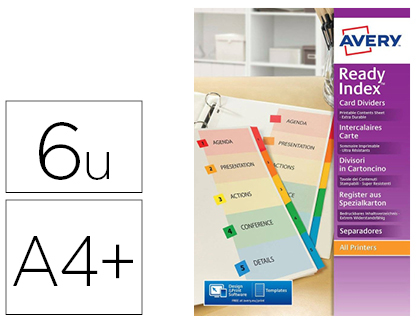 INTERCALAIRE SOMMAIRE AVERY READYINDEX PERSONNALISABLE A4+ 6 TOUCHES NUMRIQUES ASSORTIES