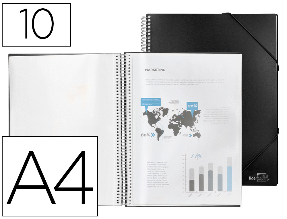 PROTGE-DOCUMENTS LIDERPAPEL POLYPROPYLNE COUVERTURE RIGIDE SPIRALE 10 POCHETTES FIXES A4 210X297MM COLORIS NOIR