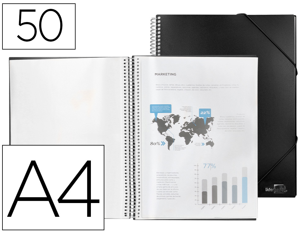 PROTGE-DOCUMENTS LIDERPAPEL POLYPROPYLNE COUVERTURE RIGIDE SPIRALE 50 POCHETTES FIXES A4 210X297MM COLORIS NOIR