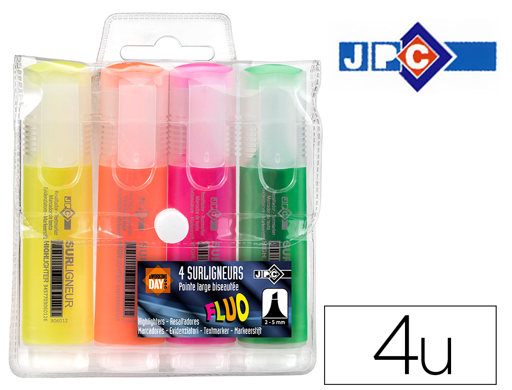 SURLIGNEUR JPC POINTE LARGE BISEAUTE TRAIT 2/5MM COLORIS ASSORTIS POCHETTE 4 UNITS