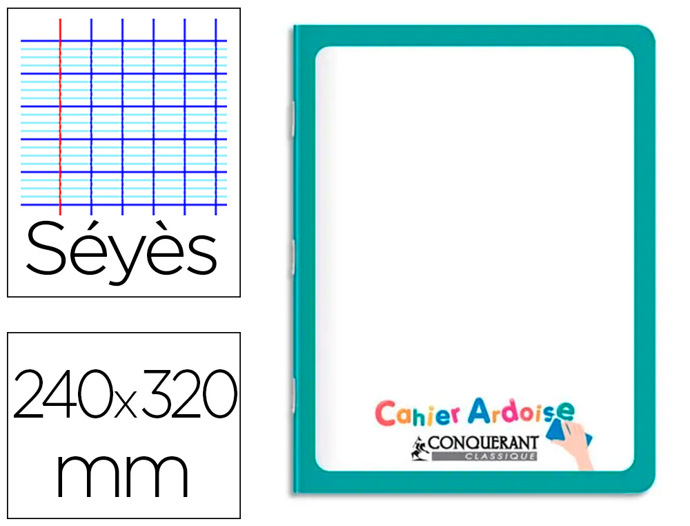 CAHIER PIQUE CONQUERANT ARDOISE RECTO BLANC VERSO GRANDS CARREAUX COUV CARTE PELLICULEE LAVABLE 240X320MM 48P 90G