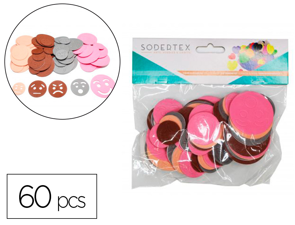 VISAGES EXPRESSIFS SODERTEX EN MOUSSE EVA 2MM 3 TAILLES   60 PCS COLORIS ASSORTIS