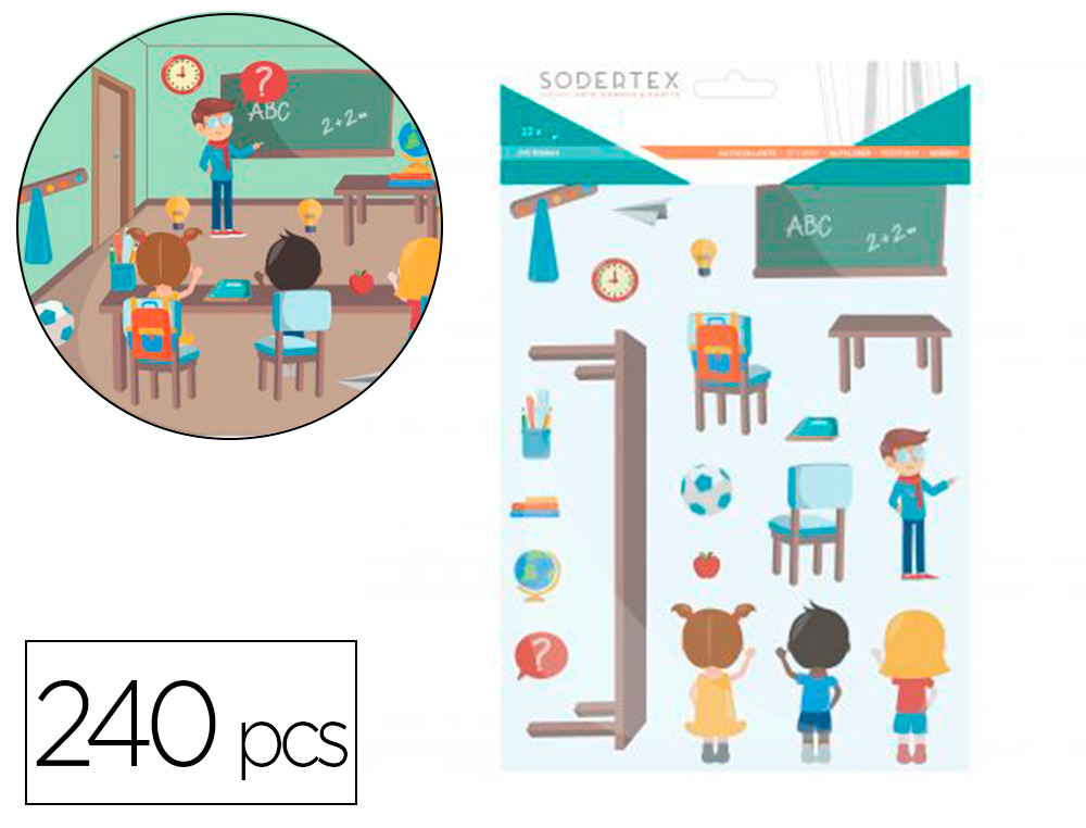 GOMMETTES PAPIER SODERTEX DANS MA CLASSE AVEC SCENE     TELECHARGEABLE 170X220MM 240  PCS 12 PLANCHES COLORIS