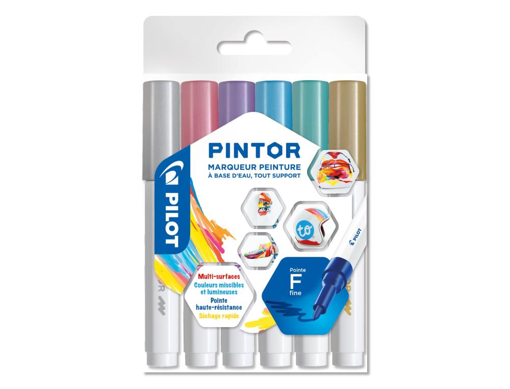 MARQUEURS A PIGMENT PILOT PINTOR METAL MIX POINTE FINE  OR BLEU ROSE VERT VIOLET      ARGENT - POCHETTE DE 6 UN