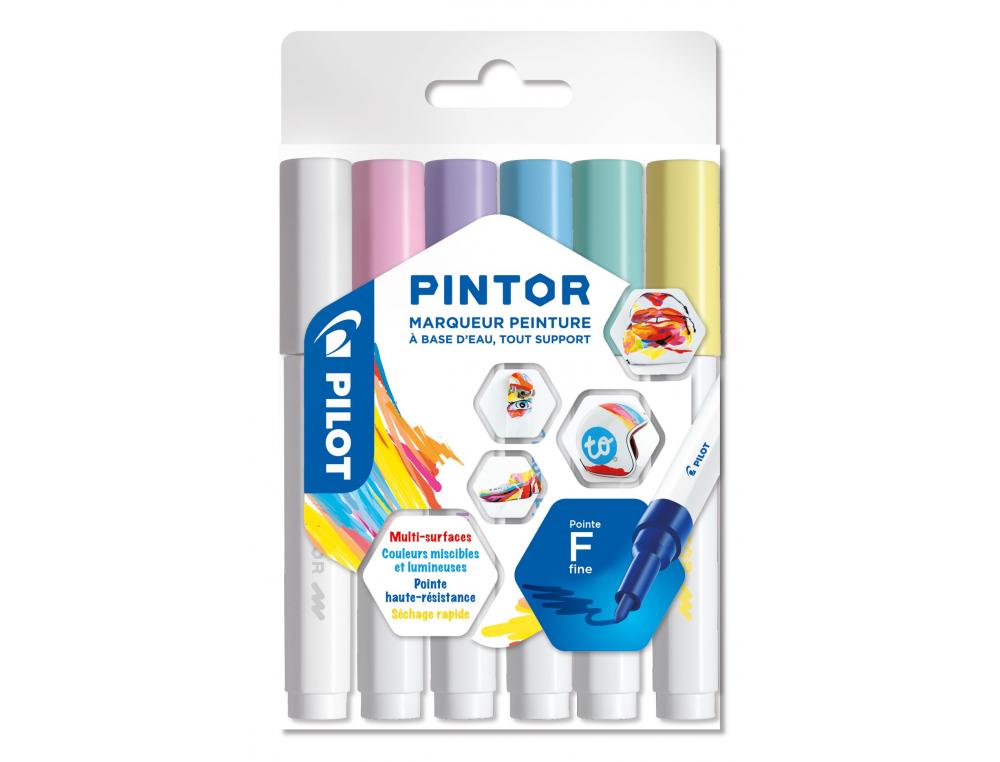 MARQUEURS A PIGMENT PILOT PINTOR PASTEL MIX POINTE FINE BLEU JAUNE VIOLET VERT ROSE   BLANC - POCHETTE DE 6 UN