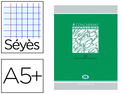 CAHIER DEVOIRS PIQU CONQURANT CLASSIQUE COUVERTURE VERNIE CARTE COUCHE A5+ 17X22CM 60 PAGES 90G SYS